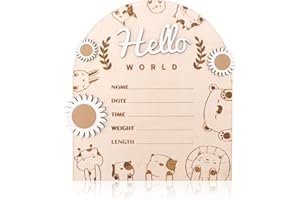 GOSKNOR Panneau d'Annonce de Naissance en Bois, Panneau Hello World pour Bébé Plaque d'Annonce de Naissance Panneau de Nom de Nouveau-Né pour Cadeaux de Baby Shower Accessoires Photo Décoration Murale