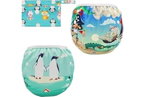 FenFang Couche Piscine Lavable, 2 Pcs Couches de Bain Bébé Réutilisables 1 2 3 Ans, Maillot de Bain Ajustable Enfant Garçons & Filles 0 6 12 24 Mois, Costume Pantalon de Couche de Natation en Tissu