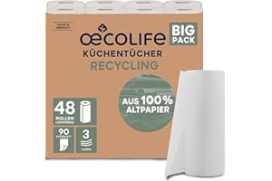 ‎ŒCOLIFE œcolife Küchentücher RECYCLING, 48 Rollen à 90 Blatt, 3-lagige Küchenrollen aus Recyclingpapier, nachhaltig, Made in Germany