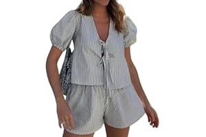 Geagodelia Women's 2 Pieces Outfit Summer Ladies Co Ord Set Peplum Tie Front Blouse Babydoll Top + Shorts Y2k Aesthetic Clothes Lounge Wear Workout