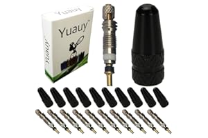 Yuauy 10 PCs Presta Tubeless No Tube Valve Stem Core Copper Universal Accessory replacement + 10 pcs Black Metal Bike Bicycle Road Racing Coloured Valve Cap Dust Covers