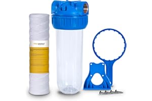 FILTERELATED Filtergehäuse 10 Zoll Standard transparent Einstufig Filterflasche Messing 3/4 Zoll BSP Geeignet für alle 2,5 Zoll x 10 Zoll Kartuschen (Gehäuse + Spulenfilter)