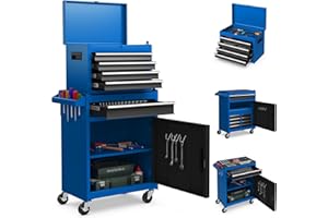 COSTWAY Large Rolling Tool Cabinet, 2-in-1 Detachable Metal Tool Chest with Drawers, Wheels, Handle & Hooks, Lockable Tool Box Trolley for Garage Workshop (5 Drawer with Adjustable Shelf, Blue+Black)