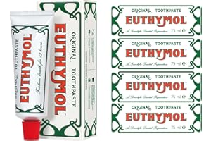 ‎EUTHYMOL Oryginalna pasta do zębów Euthymol 75 ml x 4, krem do zębów bez fluorku, anty-plaque, antybakteryjna, ochrona próchnic, świeża mięta, codzienna pielęgnacja zębów, czystość zębów i dziąseł