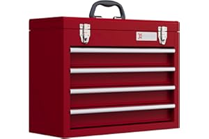 DURHAND 4 Drawer Tool Chest, Lockable Metal Tool Box with Ball Bearing Runners, Portable Toolbox, 510mm x 220mm x 395mm, Red