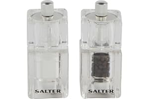 Salter 7605 CLXR Mini Moulin à Sel et Moulin à Poivre, Design Transparents Carrés, Ensemble de 2 Moulins avec Meules Réglables pour Sel, Poivre et Herbes, Facile à Nettoyer, Garantie 2 Ans