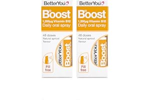 BetterYou Boost Vitamin B12 Daily Oral Spray Vitamin Spray Supplement for Energy Boost 1,200 IU Vitamin B12, Natural Apricot Flavour, Pack of 2, 25ml (192 Sprays)