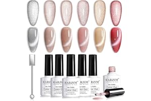 RARJSM Cat Eye Gel Nail Polish Set with Magnet Stick 9D Galaxy Velvet Silver Glitter Nude Purple Pink Red Champagne Gold Brown 6 Colors Ice Jelly Gel Polish UV LED Curing Requires Soak Off Home Salon