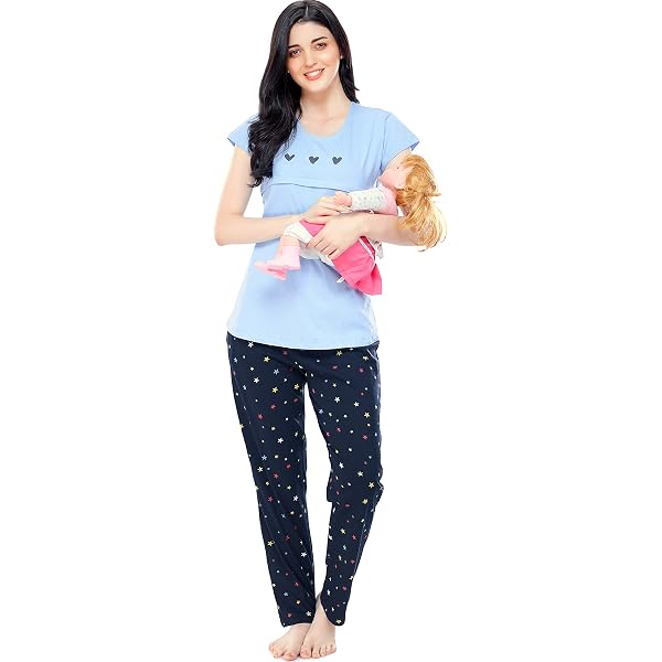 Zeyo Women's Star Print Nursing Night Suit – Cotton Top & Pajama Set, Feeding Night Dress (XX-Large, Brown)