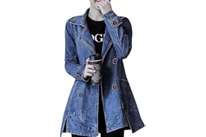 PENGGENGA Veste en Jean Femme Trench-Coats Longue Manteau Veste Manche Longue Denim Blouson Veste Bleu XL