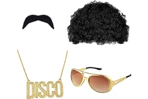 SALADOCY 4 Pezzi Set Di Costumi Hippie, Accessori Per Costume Da Hippie, Parrucca Afro, Occhiali Da Sole, Baffi, Per Carnevale Festa A Anni 60/70, Per Uomo E Donna