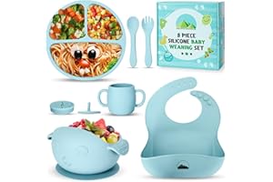 THE LITTLE CHILTERN CO Little Chiltern Co Baby Weaning Set - 8 Pcs Silicone Baby Feeding Set with Adjustable Bib, Suction Bowl & Plate, Cup, Fork & Spoon - Microwave & Dishwasher Safe - Self Eating Utensil Set - Blue