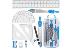 Geometry Compass Set Tuloka 10pcs School Maths Protractor Set Rulers for Student Maths and Engineering in Carry Case, Blue