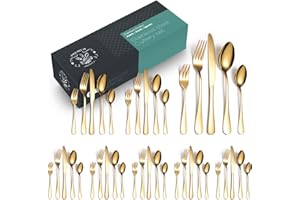 RUIENE 40 Piece Cutlery Set, Knife, Fork, Spoon, Tableware Cutlery Service for 8, Stainless Steel Sets High-Grade Mirror Polishing Cutlery Set (Gold)