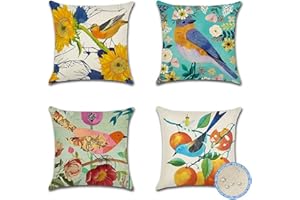 Artscope 4 Piezas Impermeables Funda de Cojines, de Exterior Funda de Almohada Cuadrado para Patio Balcón Jardín Sofá Oficina Hogar Decorativas 45x45cm, Flores y Pájaros Retro