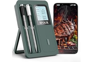 BFOUR Fleischthermometer Kabellos mit 2 Sonde (Upgraded), Bluetooth Grillthermometer mit großem LCD-Display, App-Steuerung,Intelligent Bratenthermometer für Grill,Backofen und Grill