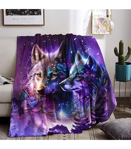Flauschige Flanell-Fleece Decke 150x200 Cm – Weich, Wärmend, Sofadecke Mit Wolfs-Aurora-Motiv | Maschinenwaschbar