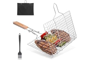 FINEW pliable panier grille pour barbecue Portable en Acier Inoxydable 304, pour Poisson Légumes Steak de Crevettes, avec poignée amovible, brosse à badigeonner bouteille et sac de rangement