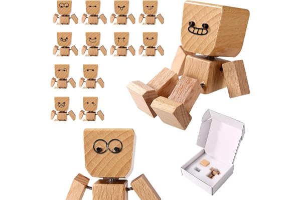 Sinbana Figurine en Bois Qui Bouge, Poupée Bois à Pieds Secouants avec 12 Expressions Magnétiques Drôle Petite Figurine Qui Se Balance pour Bureau Maison Bureau Tableau Bord Voiture Décorations