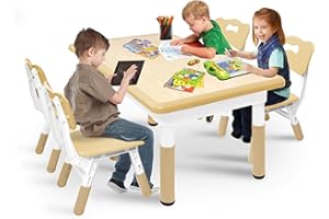 UISEBRT Table pour enfant avec 4 chaises, ensemble de sièges réglables en hauteur, pour enfants à partir de 2 ans, set de table en plastique, meubles pour maternelle et chambre d'enfant (couleur bois
