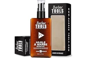 BARBER TOOLS WWW.BARBER-TOOLS.COM Huile Barbe, N°1, (80ml), 100% naturelles - MADE IN FRANCE - Favorise la Pousse de la Barbe - À base d’Huile de RICIN, 7 Huiles Végétales & 3 huiles essentielles & Vitamine E - Soin Barbe