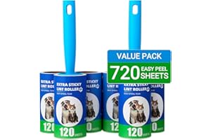 FHISKUNYU Rotoli Adesivi per Peli 720 Fogli – 2 Maniglie + 6 Ricariche, Rotolo Adesivo per Peli di Animali e Tessuti, Spazzola Togli Peli per Divano e Tappeti​