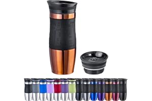 WELLGRO Thermobecher 400 ml + 1 Extradeckel - Edelstahl rostfrei - Silikon Soft-Touch Griffstück - BPA-frei - Isolierbecher doppelwandig - Travel Mug - Kaffeebecher to go, Farbe:Kupfer Metallic