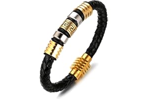 HALUKAKAH Enfants ● Honneur Junior ● Garçon Bracelet Cuir Véritable de Main 6-12 Ans Fait à la Main Tresser Motif Brique d'or Fermoir Magnétique en Titane Acier 7"/18cm avec Le Boîte-Cadeau Gratuit