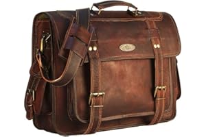 HULSH Leather Laptop Bags for Men and Women, Brown, Large, Retro Satchel Messenger Bag, 18 Inch, Fits Up to 18 Inch Laptops, 3 Main Compartments, 8 Pockets, Crossbody Shoulder Strap