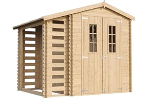 Casetta da Giardino in Legno con Legnaia da Esterno - L206xL272xA218 cm/ 3,53 m2 + 0,97 m2 - Piccola Casetta in Legno da Giardino, Rimessa Attrezzi, Deposito Bici TIMBELA M386C