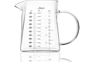 Joeyan 300ml/10oz Vaso Medidor de Vidrio, Baso Batidora para Café,Leche,Cóctel y Matcha, Taza Con Asa,Doble Escala ML/OZ/CUP y Pico en V, Resistente Borosilicato Jarra Cristal para Cocina,Barista