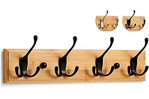 LARHN Porte Manteau Mural Bois - 4 Crochets Triples en Noir - 42 cm - Patere Murale pour une Entrée, Chambre, Salle de Bain et Vestiaire