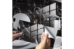 HISENG Hiser 16 Stück Küchenrückwand Fliesenaufkleber, Rechteck Marmor Muster Wasserdicht Ölfest Stickerfliesen Deko Selbstklebende Wandfliese für Küche Badezimmer Wohnzimmer (Schwarz,30x15cm)