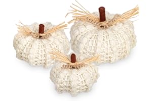 Hollyone Autumn Decorations 3PCS Large Artificial Pumpkins, 7''/6.3''/5.5'' White Chunky Knit Pumpkins, Fake Crochet Pumpkins, Halloween Ornaments Indoor for Home Decor
