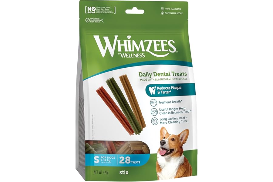 WHIMZEES By Wellness Stix S, Natural and Grain-Free Dog Chews, Dog Dental Sticks for Small Breeds, 28 Pieces, Size S
