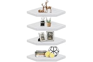 Optyuwah Regał narożny, drewniany, wiszący, narożny, 4 poziomy, regał wiszący, rustykalny, regał wiszący, montaż ścienny, narożny regał do salonu, łazienki, kuchni, biura, shabby biały