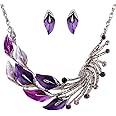 YAZILIND Ethnic Style Tibetan Silver Purple Peacock Crystal Chunky Bib Crystal Earrings Necklace Set Wedding Party