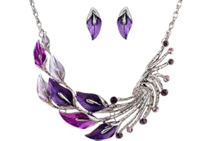 YAZILIND Style Ethnique tibetaine Argent Violet Cristal de Paon Chunky Bib d'oreilles en Cristal Collier Set de Noce