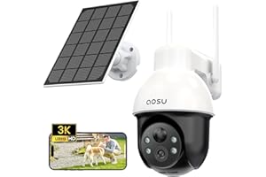 AOSU 3K 5MP Cámara de Vigilancia WiFi Exterior, Pilas Cámara de Seguridad Inalámbrica, Panorama PTZ de 360°, Panel Solar Portátil, Detección PIR de Personas y Coches, Visión Nocturna Color