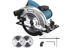 WESCO 1400W Circular Saw, Electric Saw with 2pcs 185mm Blades, Soft Grip, Dust Extraction, Adjustable Cutting Depth(65mm/90°, 45mm/45°), Ideal for Wood Cutting