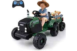 COSTWAY Elektrisk traktor med släpvagn, 24 V elektrisk sitttraktor inklusive fjärrkontroll, barntraktor med musik, USB, mjuk start och LED-lampor, eltraktor för barn från 3 år
