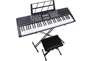 LEADZM Clavier Piano 61 Touches, Piano Numérique avec Support de Clavier, Banc de Piano, Pupitre, Casque, Microphone, Écran LED, 3 Modes D'apprentissage pour Débutants (X126)