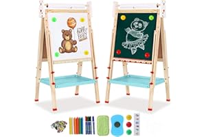 ‎NUKIED Kinder Spiel Tafel aus Holz|Doppelseitige Kindertafel,Schreibtafel kinder,Kreidetafel und Whiteboard,Höhenverstellbar mit Papierrolle,Zahlen und Anderem Zubehör für Kleinkinder (Bär)