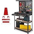 TANGZON Workbench with Pegboard, Multi-Use Workbench with 4 Shelves, Topping Space,2 Drawer, Robust Metal Frame, Heavy-Duty Work Table Tool Storage Bench for Workshop warehouse Basement (Black + Red)