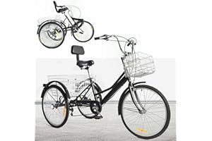LUNICASHA 24 Zoll Dreirad für Erwachsene 7 Gang Dreiräder 24" Erwachsene Dreirad 3 Räder Fahrrad mit Zwei Körbe und Rückenlehnen Dreirad für Senioren Erwachsene Frauen Höhenverstellbar Schwarz