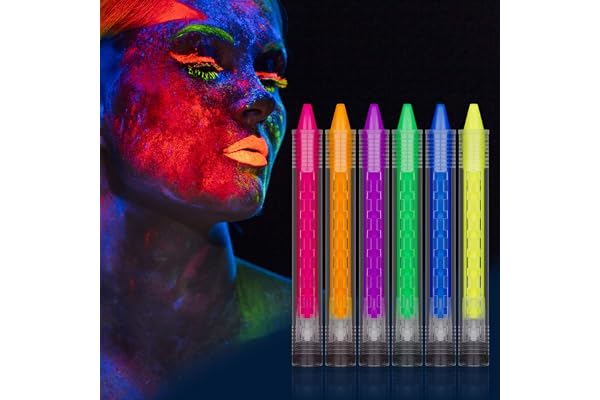 AOMIG Crayons de Peinture Lumineux pour Visage Corps, 6 Crayons de Peinture Fluo Fluorescents UV Pour Adultes, Festival, Anniversaire, Halloween, Maquillage Cosplay