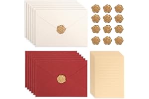 BAFIWU 44 unidades de papel de carta vintage con sobre, juego de papel de carta con 12 sobres y 12 sellos de cera autoadhesivos y 20 A5 papel de carta de amor vintage para carta de amor, boda, cumpleaños