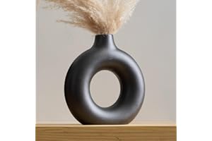 VZMIZA BLACK Donut Ceramic Vase - Modern Flower Black Vases For Decor Nordic Minimalism Style Pampas Grass Vase - Boho Home Decor for Wedding, Dinner Table, Party, Living Room, Office & Bedroom