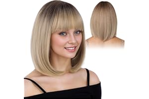 DKDDSSS Peluca Rubia Corta con Flequillo para Mujer, Pelucas de Cabello Bob Liso Diario 35 cm, Pelucas de Pelo Sintético para Fiesta Diaria Cosplay Wear