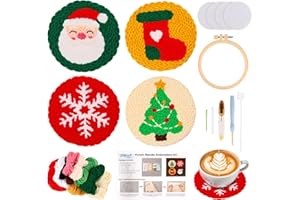 JSRQT 4 Pcs Punch Needle Kit Coasters di Natalizi, Kit per Principianti Punto Croce Fatto a Mano Adulti Bambini, Set di Aghi Punzonatura Ricamo con Strumenti, per Decorazioni Natalizi